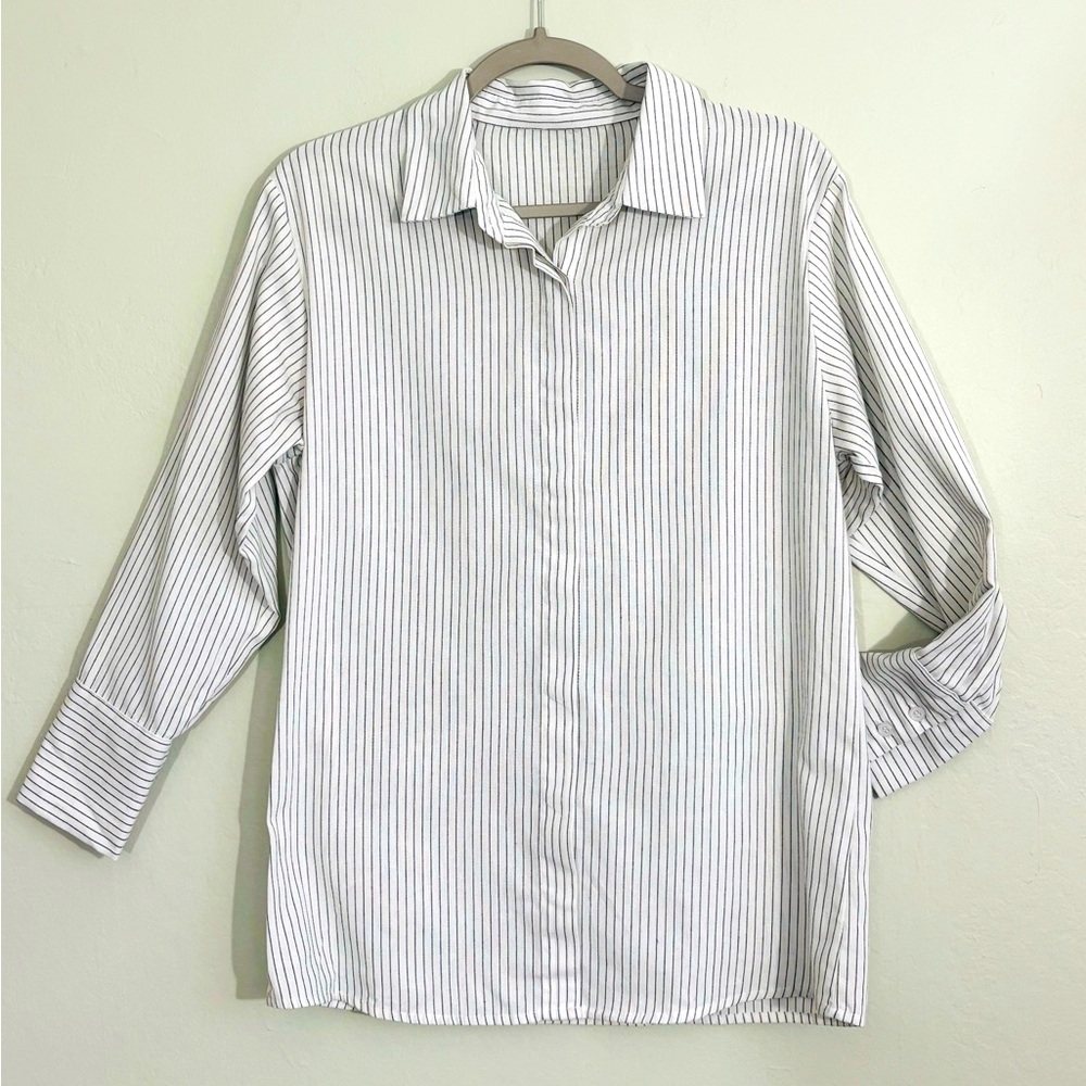 SHEIN White Button-Down Shirt with Thin Black Pinstripes